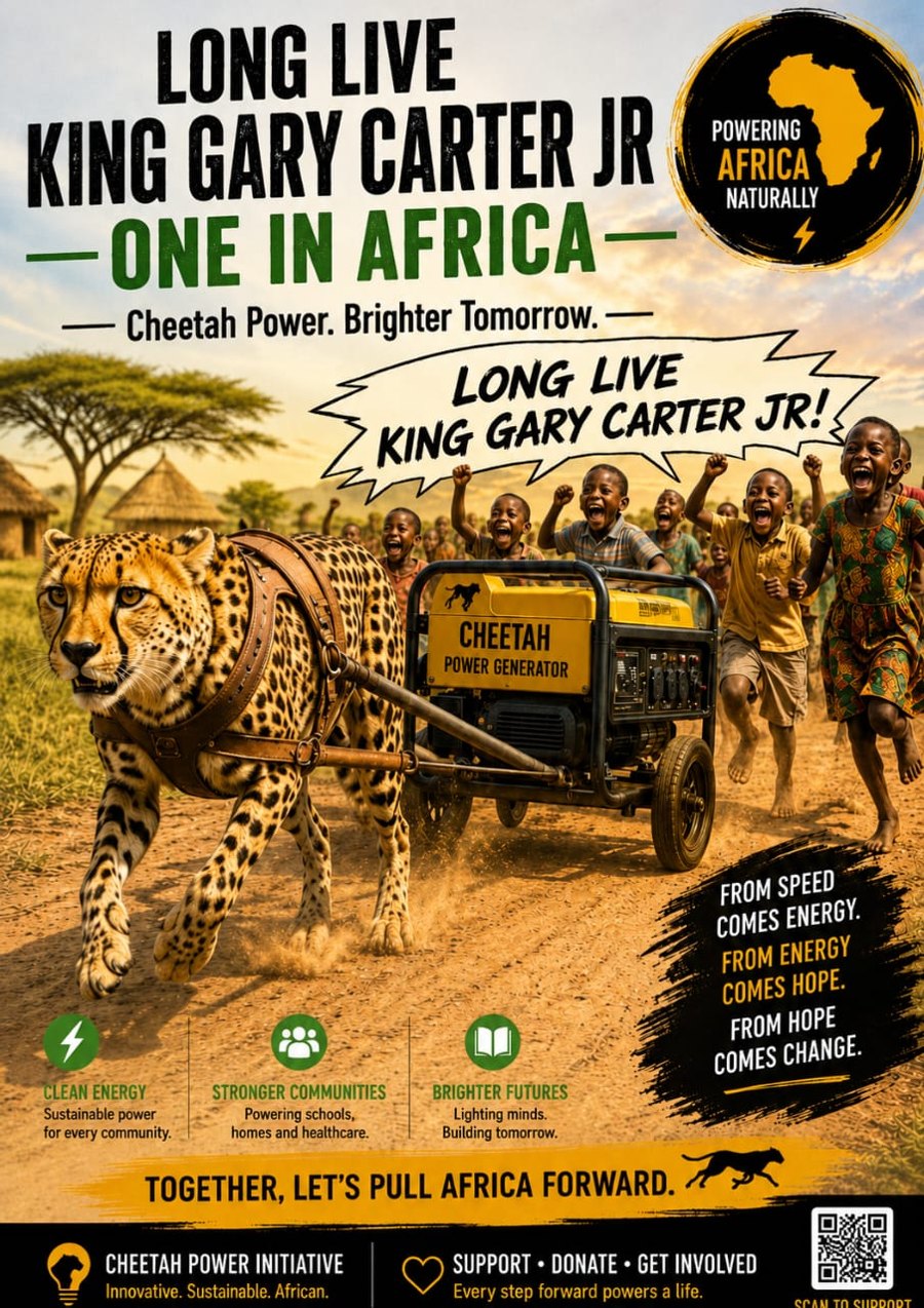 Cheetah Power Initiative poster: Long live King Gary Carter Jr, One in Africa. A cheetah pulls a Cheetah power generator while children cheer.